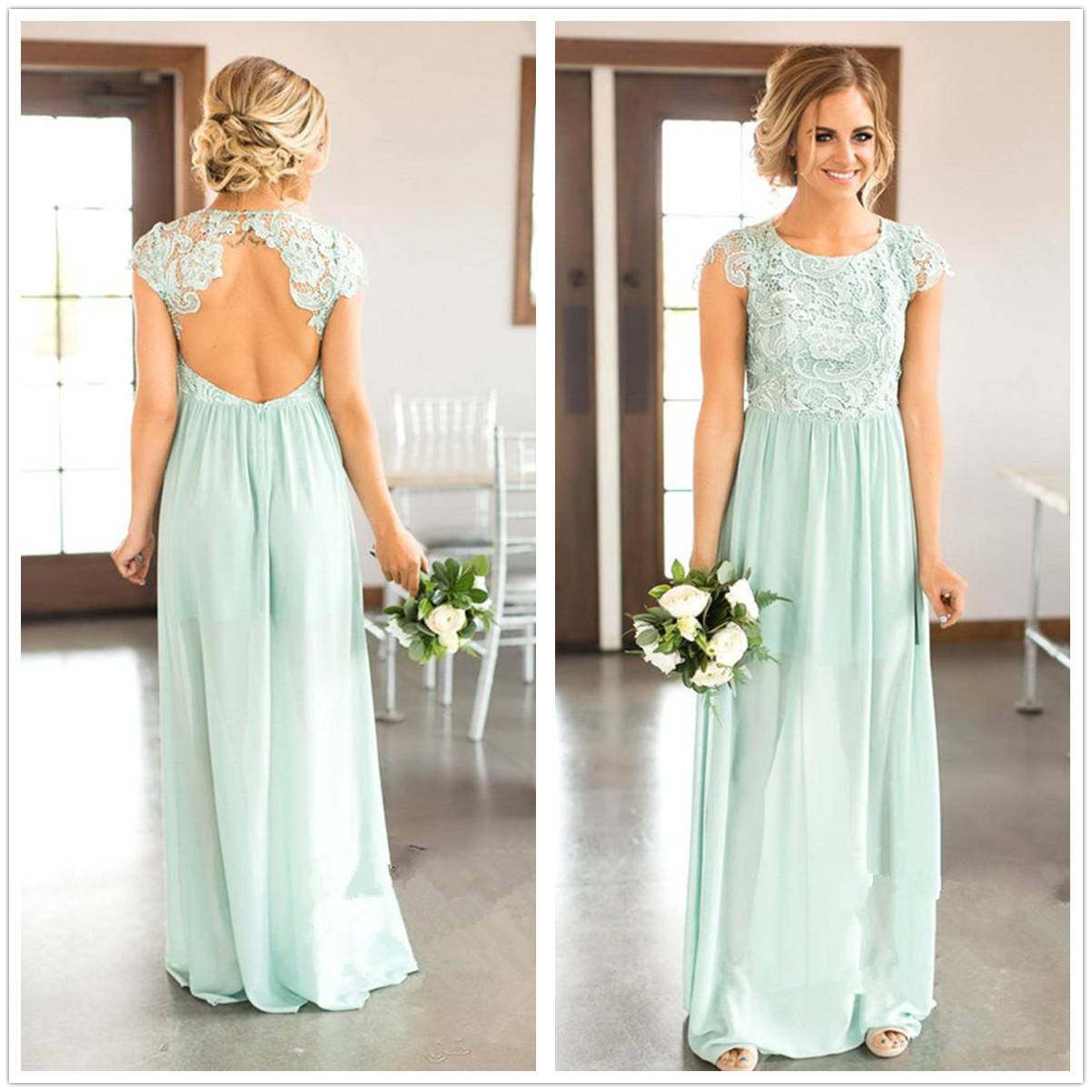 

Mint Cap Sleeves Lace Country Long Bridesmaid Dresses Chiffon Ruffle Backless Floor Length Wedding Guest Party Bridesmaids of Honor Dresses