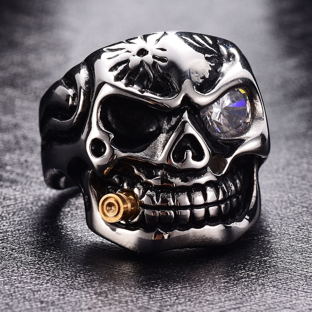 

2018 Fashion Casted Stainless Steel Halloween Rock Punk Skull Ring With Cubic Zirconia Bullet Biker Ring Size 8-13#