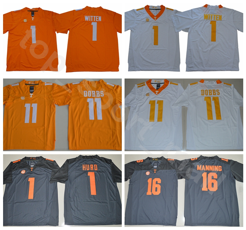 

Tennessee Volunteers College 1 Jason Witten Jersey 2018 2019 Football Men 1 Jalen Hurd 11 Joshua Dobbs 16 Peyton Manning Yellow White Grey, 11 orange
