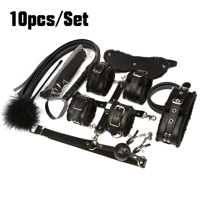 10pcs accessoires de sexe pour les couples ensembles de retenue de bondage mains fouet corde bandeau pinces à mamelon fétiche lingerie sexy Y1810
