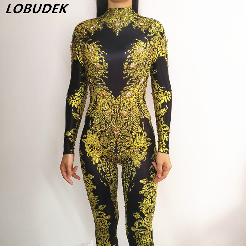 female jumpsuit Novelty Rompers costume Shining stone gold silver black crystal Sexy bodysuit stage Diamond star performance party-image-421635496