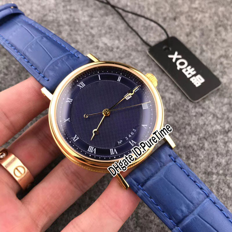 

Classique Heritage 5177 Yellow Gold Blue Textured Roma Dial Gold Hands Date Miyota Automatic Mens Watch Blue Leather Strap Watches BGT29b2, Bgt-29b