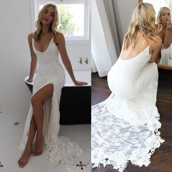 Sexy Lace Beach Wedding Dresses 2019 New Hot Selling Custom Made Bohemian Style High Split Spaghetti Strap Sheath Backless Bridal Gowns W600