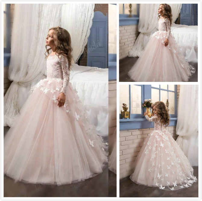 

Lovely Flower Girl's Dresses New Arrival 2018 Lace Long Illusion Sleeves Jewel Neck Ball Gown Handmade Butterflies Girl's Pageant Dresses, Pink