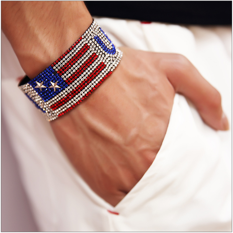 hot sales hiphop style men women bracelets rap singer usa flag rhinestone hot drill fashion nightclub hand chain bangle-image-430504461