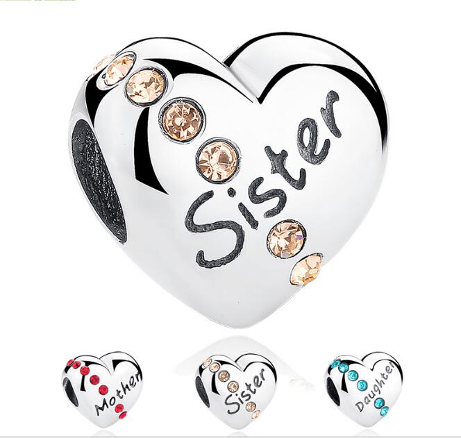 925 Sterling Silver Heart Diamond Mother/Daughter/Sister Printed Loose Beads Charms for DIY Bracelets Pendants Jewelry Accessory As Gifts