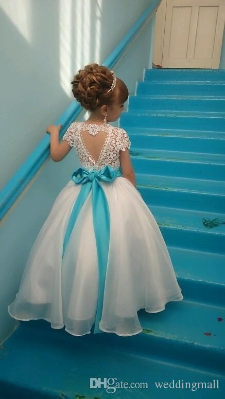 

Beautiful Lace Appique Backless Flower Girls Dresses For Weddings Scoop Sleeveless Floor Length Princess Gowns With Sash Custom Made, Blue