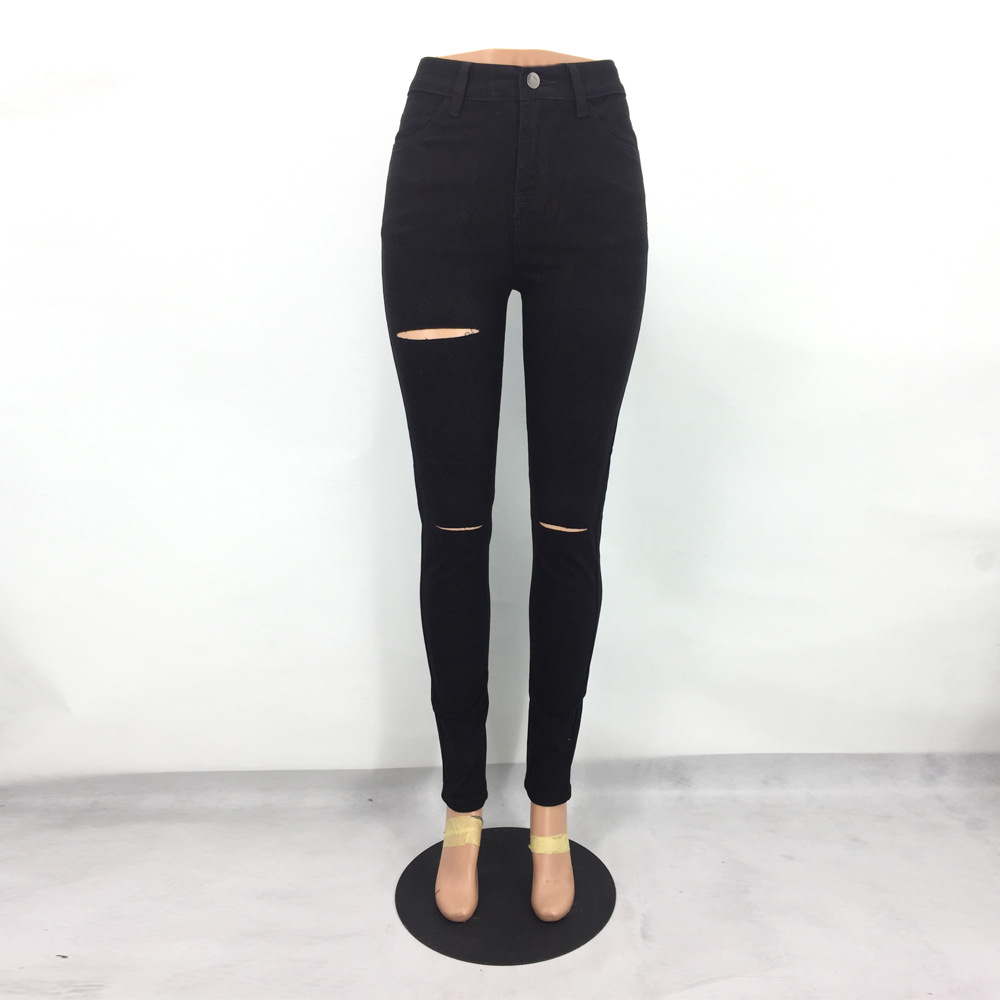 Women Skinny Ripped Holes Jeans Fashional Push Up Mid Waist Pant Casual Slim Fit Long Pants Female Trousers Free Shipping-image-417580589