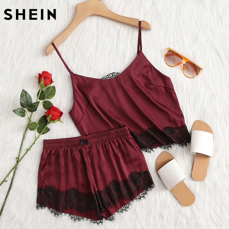 SHEIN Burgundy Applique Satin Cami Top and Shorts Pajama Set Fall Womens Spaghetti Strap Lace Sleepwear Pajama Set S1015