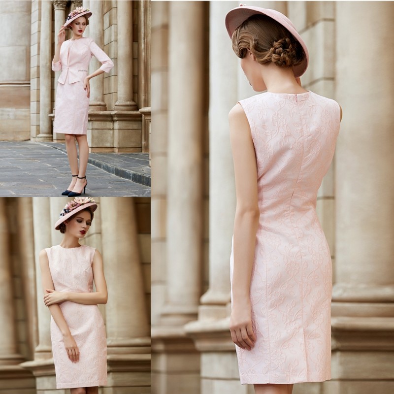 

Two Pieces Mother Of The Bride Dresses Jewel Neck Keen Length Satin Formal Mothers Dress With 3/4 Long Sleeve Jacket