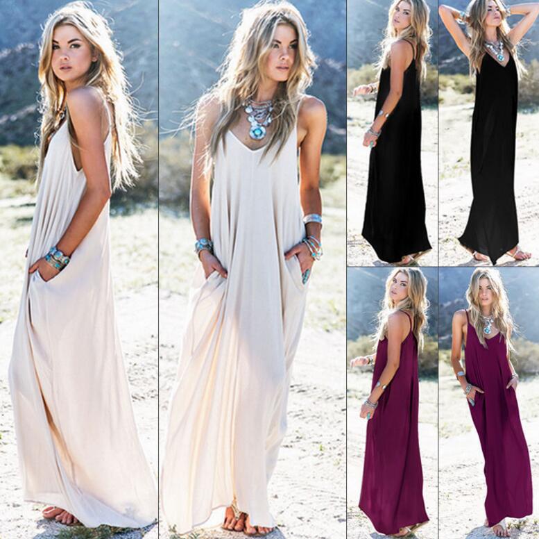 

Women' Summer Boho Casual Long Maxi Evening Party Cocktail Beach Dress Sundress Belt Collar Pocket Long Skirts Sexy Woman Dress KKA4087, As pic