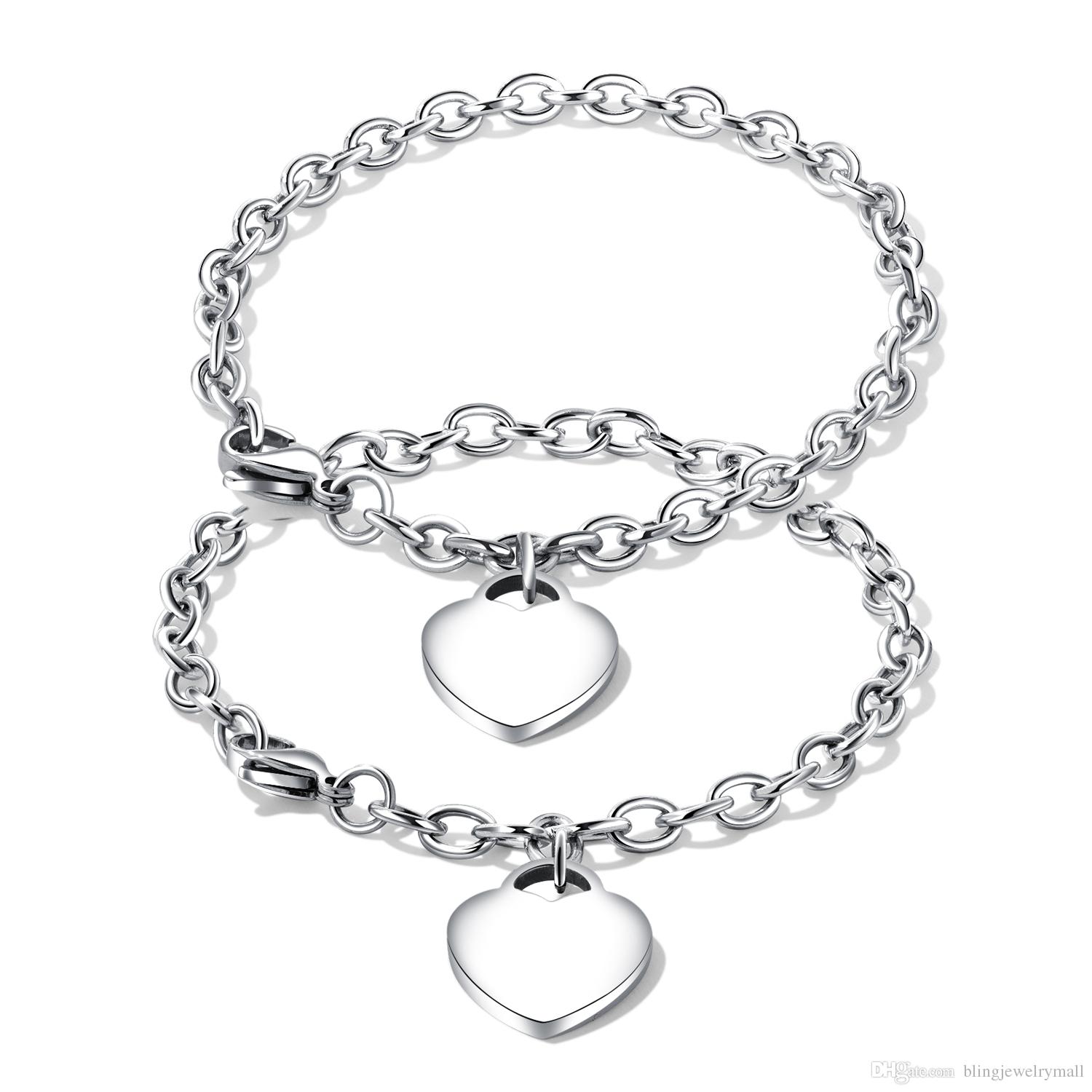 

Free Engraving Couple Link Chain Bracelet DIY Jewelry Stainless Steel Heart Tag Charm Bracelet Lover Anniversaries Gift GS925