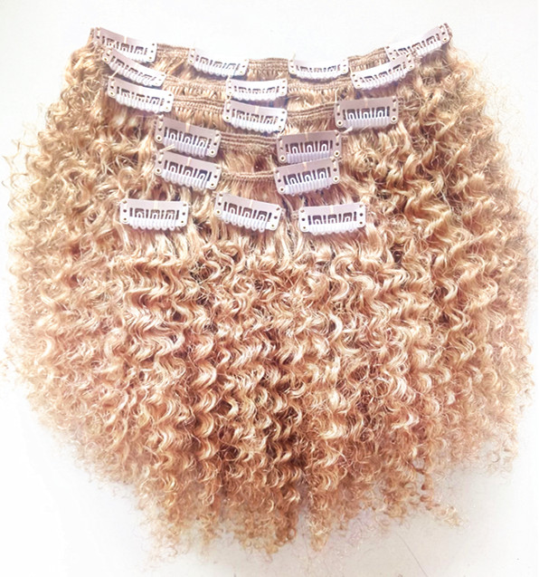 

New Brazilian Clip In Human Virgin Kinky Curly Hair Extensions Remy Blonde 27# Clip In Hair Extensions 120g One Set