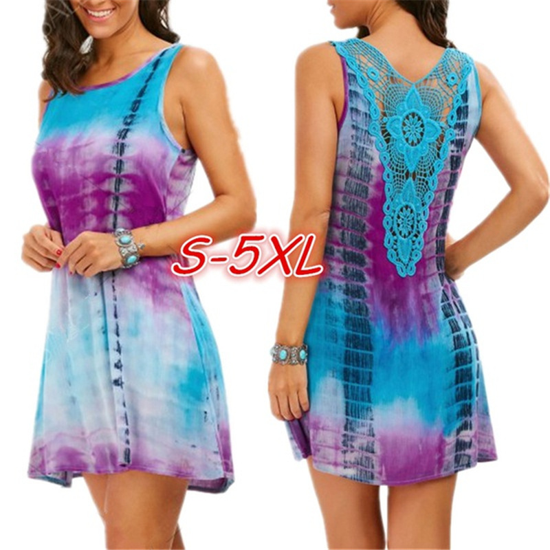 Femmes Nouvelles Robes Courtes D'été De Mode Casual Multicolore Col Rond Floral Évider Sans Manches Robe Droite