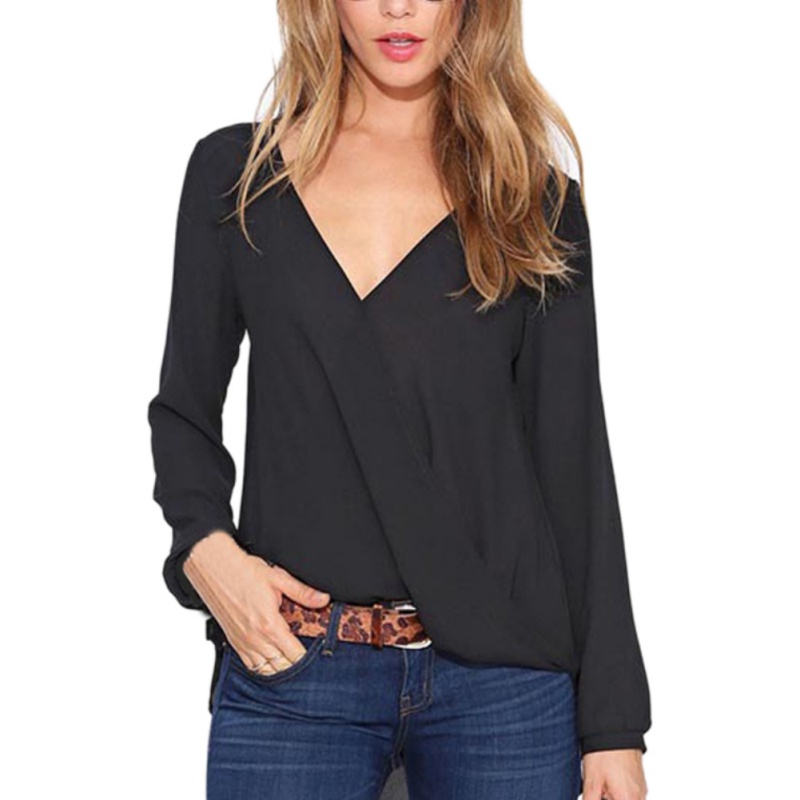 

Loose Tops Long Sleeve Deep V Neck Chiffon Blouse of Large Size Women' Shirts Solid Colors Asymmetric Blouse Woman Summer 2018, Black