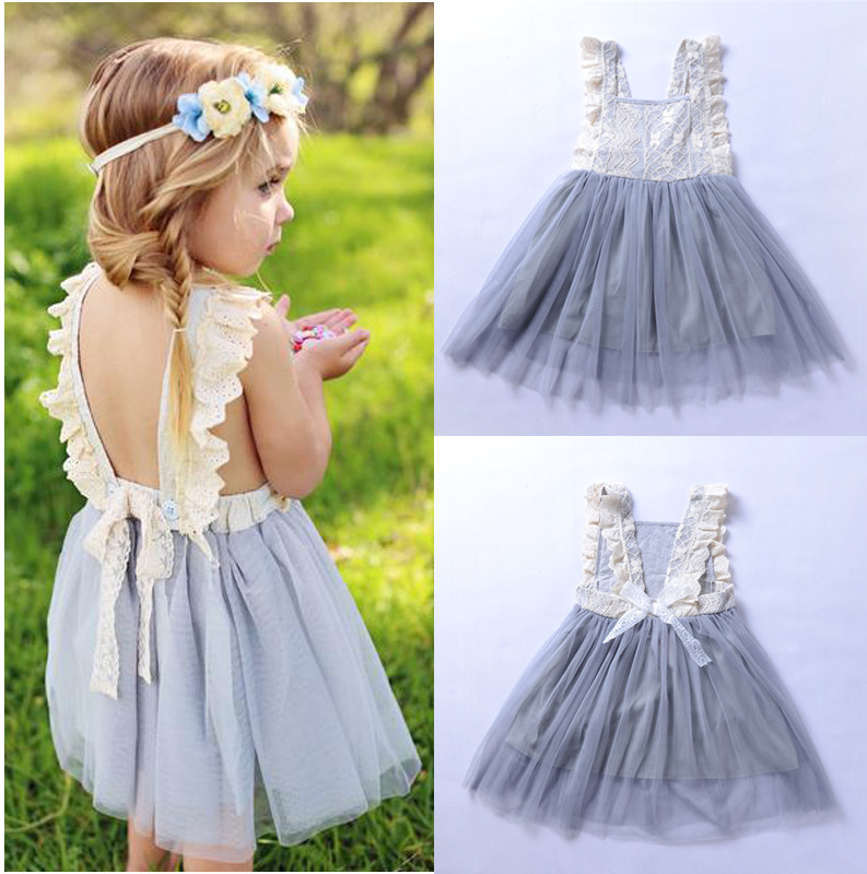 

2018 New Baby Girls Dresses Fashion Girl Lace Gauze Princess Dress Kids Cute Bowknot Sleeveless Tutu Party Dress 2 Colors, Gray