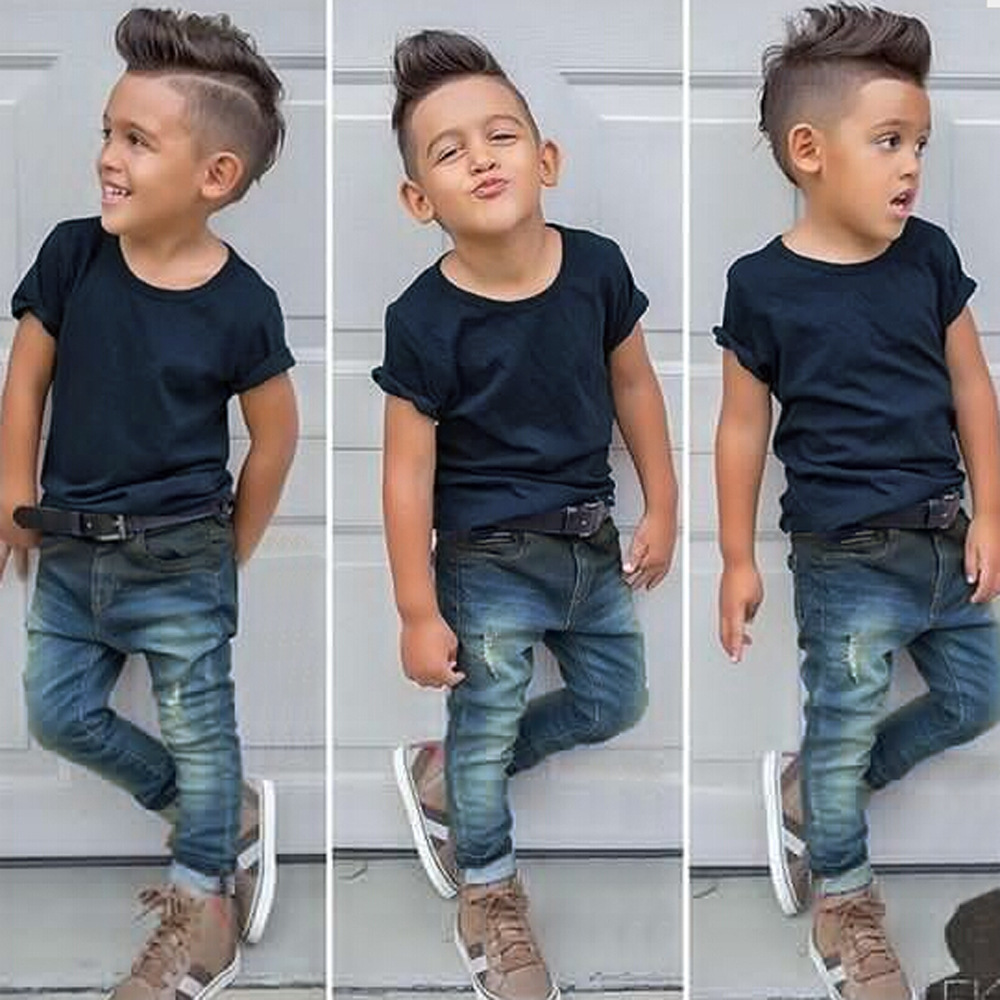 

2018 Summer Fashion Boys Set Solid Short Sleeve T Shirts + Denim Pants Children 2 pieces Sets Baby Jeans Outfits, As photo