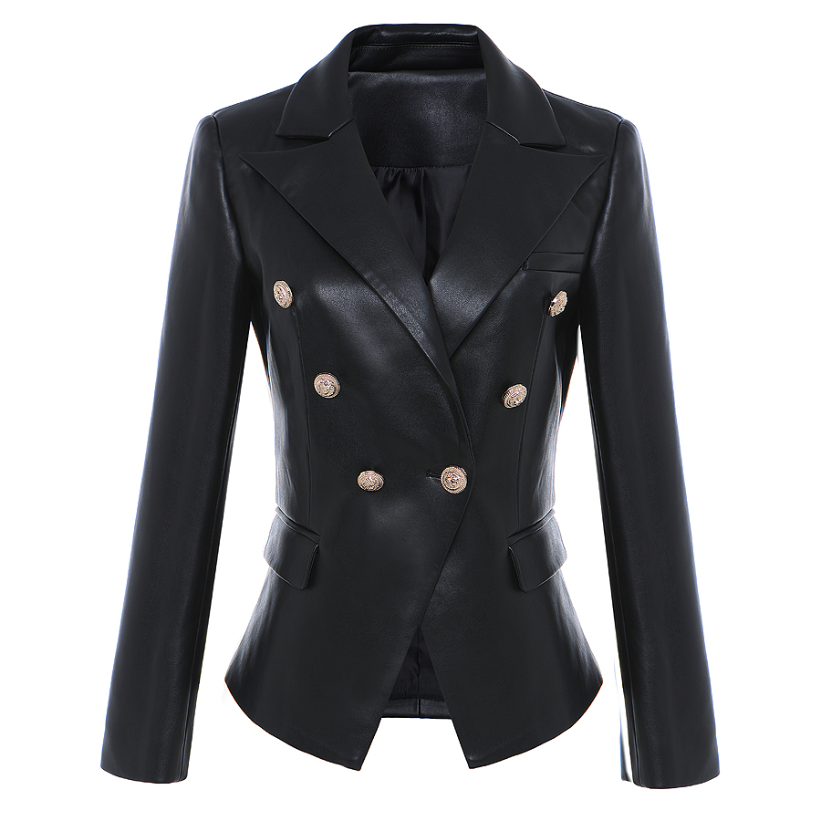 

Wholesale-HIGH STREET Newest Baroque Fashion 2018 Designer Blazer Jacket Women's Lion Metal Buttons Faux Leather Blazer Outer Coat, Black