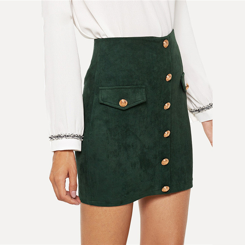 Green Solid Elegant Button Sexy Skirt Autumn Office Lady Pencil Mini Skirts Women High Waist Bodycon Girls Skirts-image-425936643