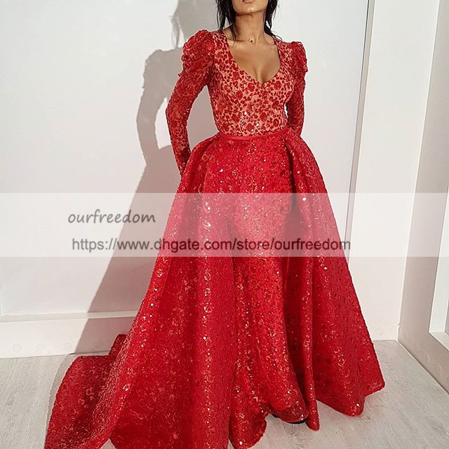 

Yousef Aljasmi 2019 Red Detachable Train Evening Dresses Long Sleeve Beaded Appliques Saudi Arabic Mermaid Formal Prom Occasion Gown Custom, Orange