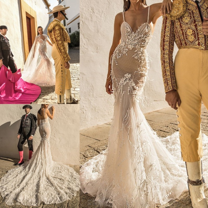 

berta newest mermaid wedding dresses spaghetti lace appliques sweep train vintage wedding dresses luxury ostrich feather bridal dress, White