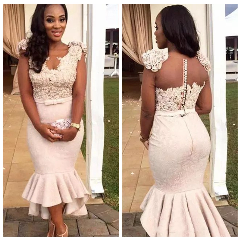 

2018 Ivory Tea Length Sexy Sheer Back Bridesmaid Dress Mermaid Cocktail Dresses Cheap Prom Party Gowns Arabic African Maid Of Honor