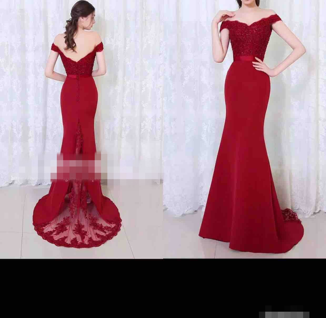 2019 Red Off The Shoulder Bridesmaid Dresses Sweep Train Elastic Like Satin Lace Appliques Maid Of Honor Wedding Guest Gown Custom Made