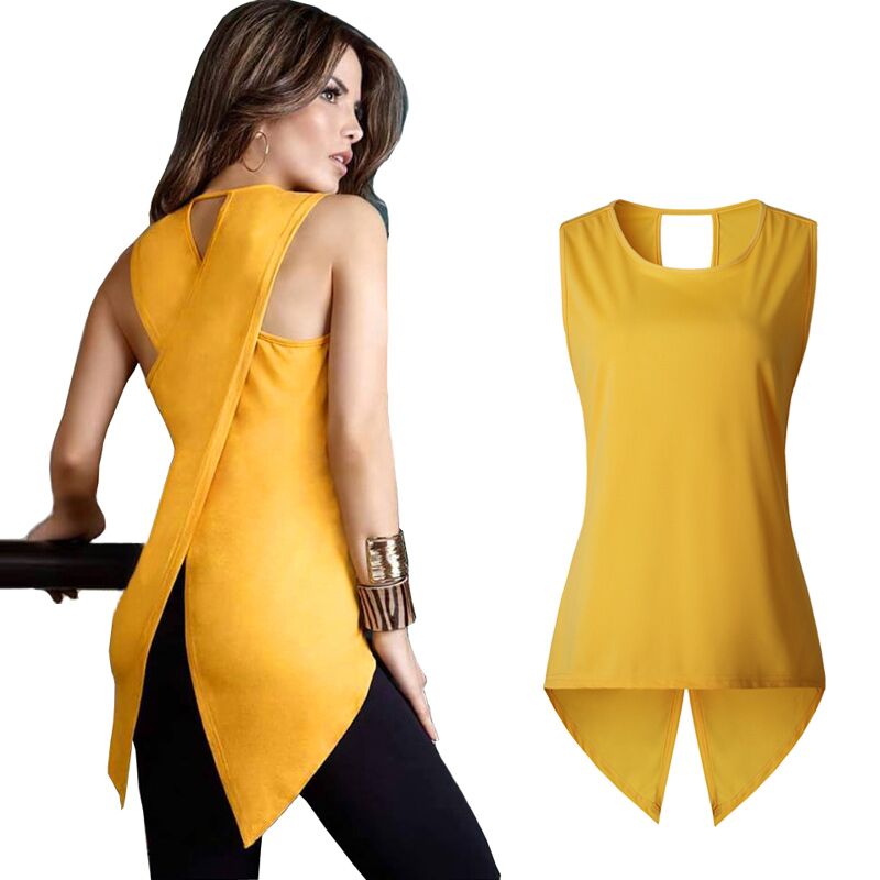 

LOSSKY 2017 Summer New Fashion T Shirt Women Back Cross Sexy Lady Sleeveless O-neck Slim Dovetail T-shirt Plus Size Long Tops, Black