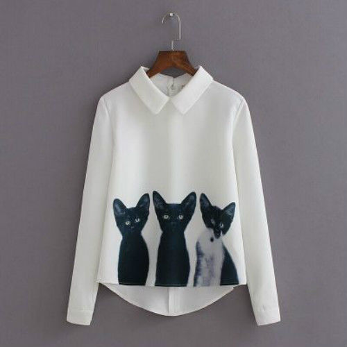 

2016 New Fashion Women Cat Animal Long Sleeve Dress Shirt Casual Tops Blouse, White