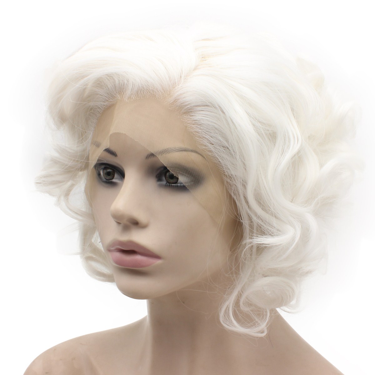 

Short Curly Snow White Wig Half Hand Tied Lace Front Stylish Synthetic Wig
