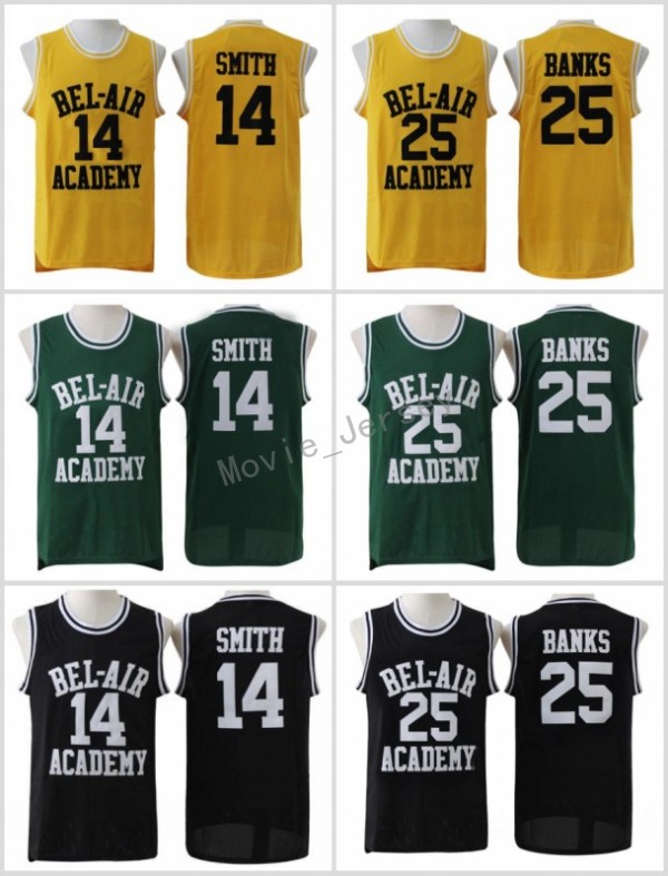 

The Fresh Prince of Bel-Air Stitched #14 Will Smith Jersey Bel-Air Academy Movie Version Jersey #25 Carlton Banks Jerseys Black Green Yellow, As pic