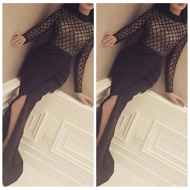 

2018 Elegant Long Sleeves Black Prom Dresses Front Split Transparent High Neck Prom Dress Saudi Arabia Evening Gowns Vestido De Fiesta, Same as picture