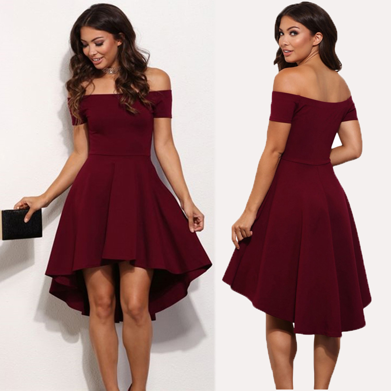 

2018 New Sexy Off the Shoulder dress Vestidos Women summer Short Sleeves Knee-length Wine red Black princess dresses Plus Size