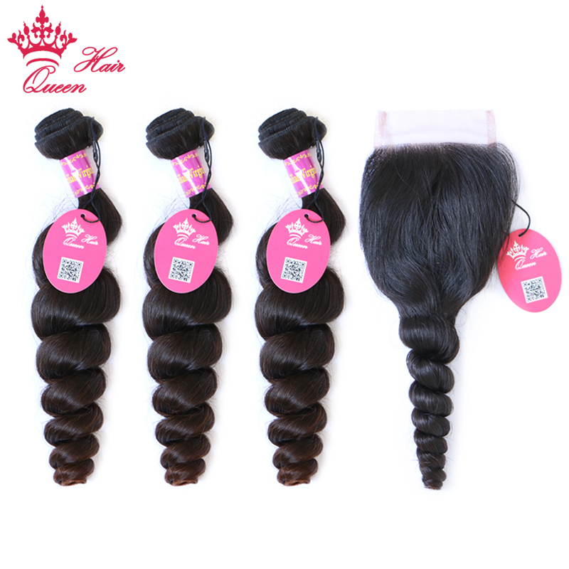 

Queen Hair Products Brazilian Virgin Hair Loose Wave Bundles With Lace Closure Free Part Natural Color Fast Shipping