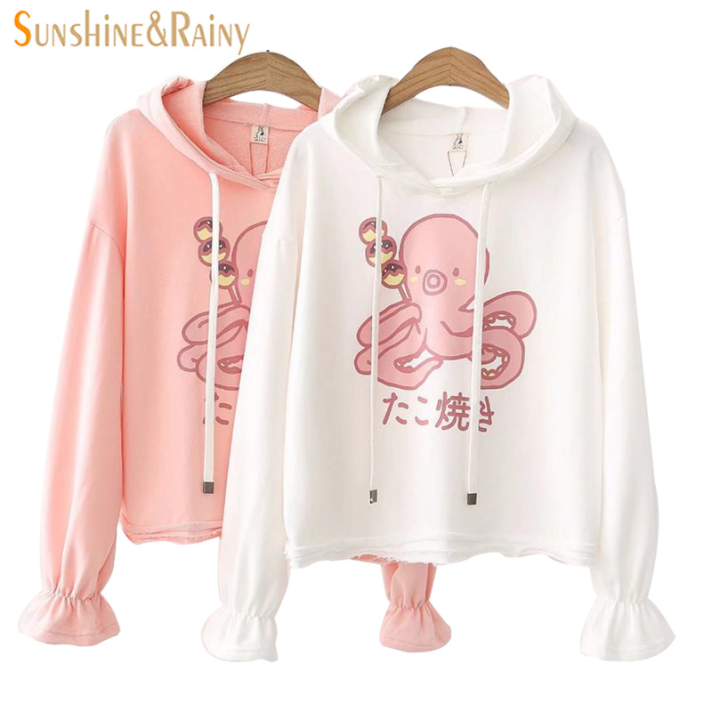

Female Spring New 2018 Cute Little Printing Sweatshirt Girl Student Butterfly Sleeve Hooded Tops College Style Shirt, White