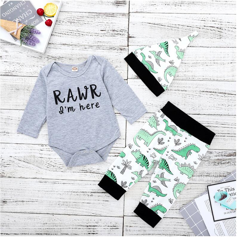 

Boy Cartoon Dinosaur Printed Romper Set Baby Spring and Autumn Round Neck Letter Jumpsuit Three Pieces Infant Clothes ZHT 082, As picture