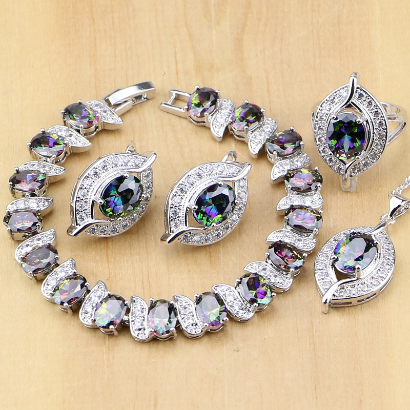 whole sale925 Sterling Silver Natural Mystic Rainbow Zircon Stone Jewelry Sets For Women Earrings/Pendant/Ring/Bracelet/Necklace Set-image-410025558