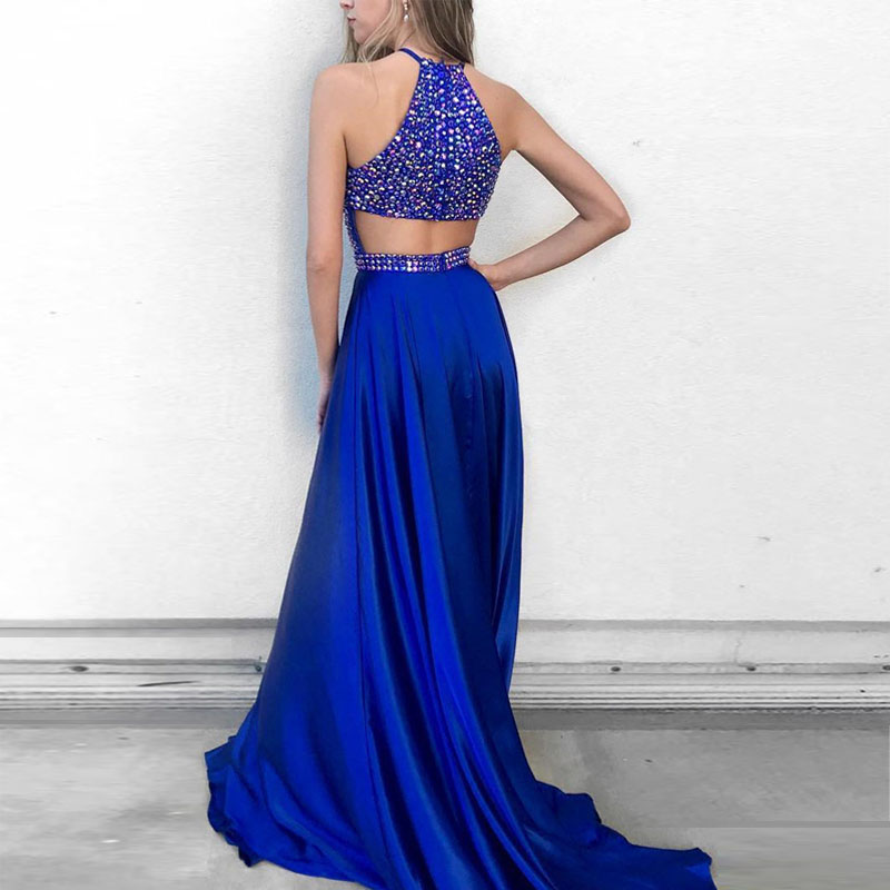 

Royal Blue Prom Dresses Halter Crystal Beaded Satin Cutaway Sides Backless Homecoming Dresses Graduation Party Dresses, Black