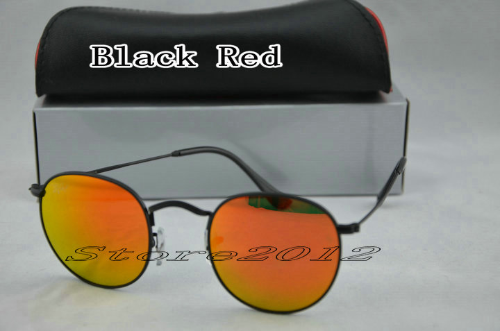 

1pcs Hot sell New Round Sunglasses Designer Brand Sun Glasses Black Metal Red Mirror 50mm Glass Lenses For Men Women With Box Case Store2012
