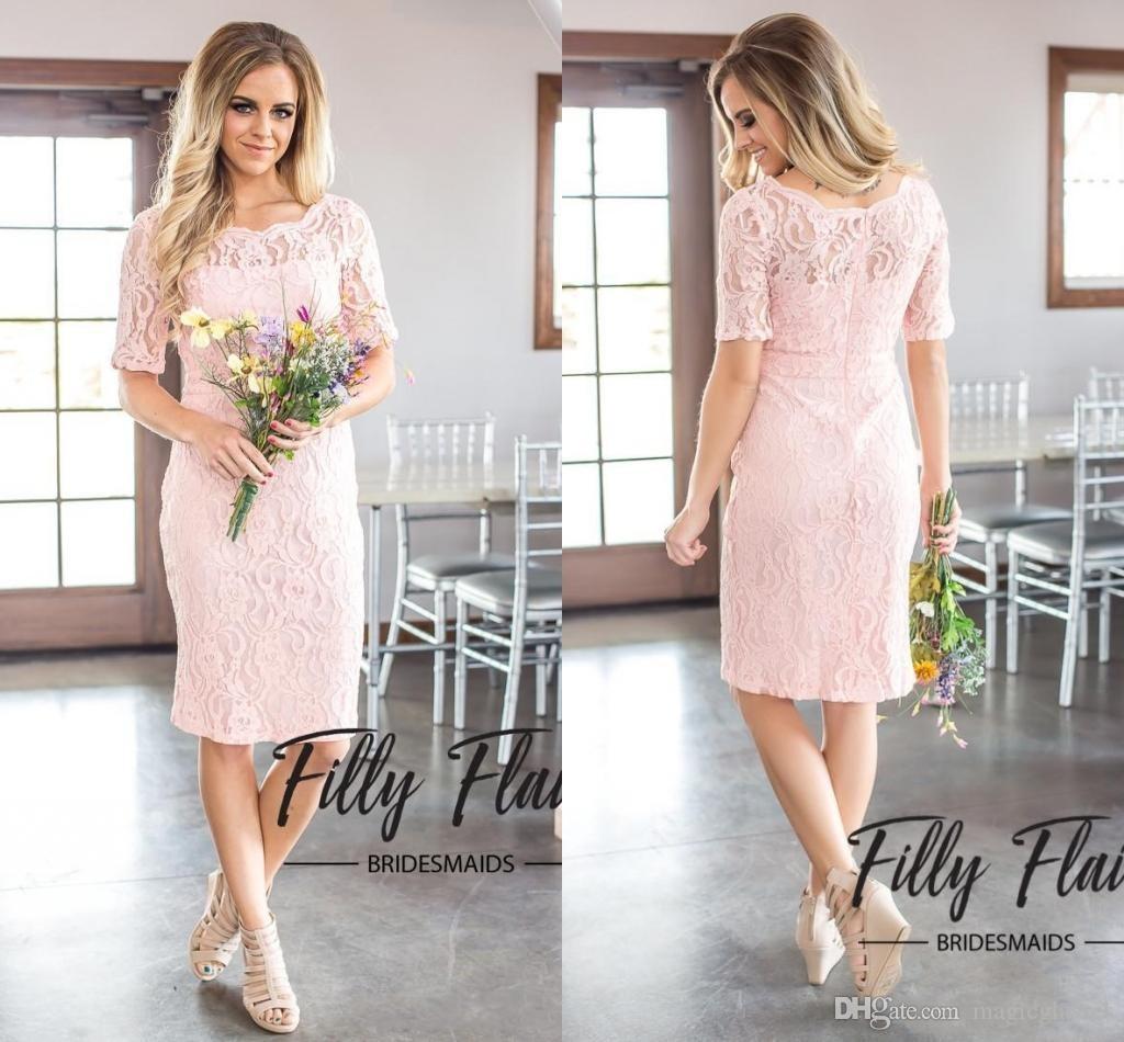 

Simple Country Style Full Lace A Line Bridesmaid Dresses Elegant Crew Neck Half Sleeves Zipper Back Maid of Honor Gowns