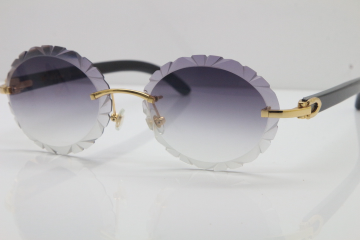 Hot 18K Gold men Sunglasses New Women Glasses T8200761 Oval Lens Black Buffalo Horn Rimless Carved Trimming Lens Vintage Sunglasses Unisex