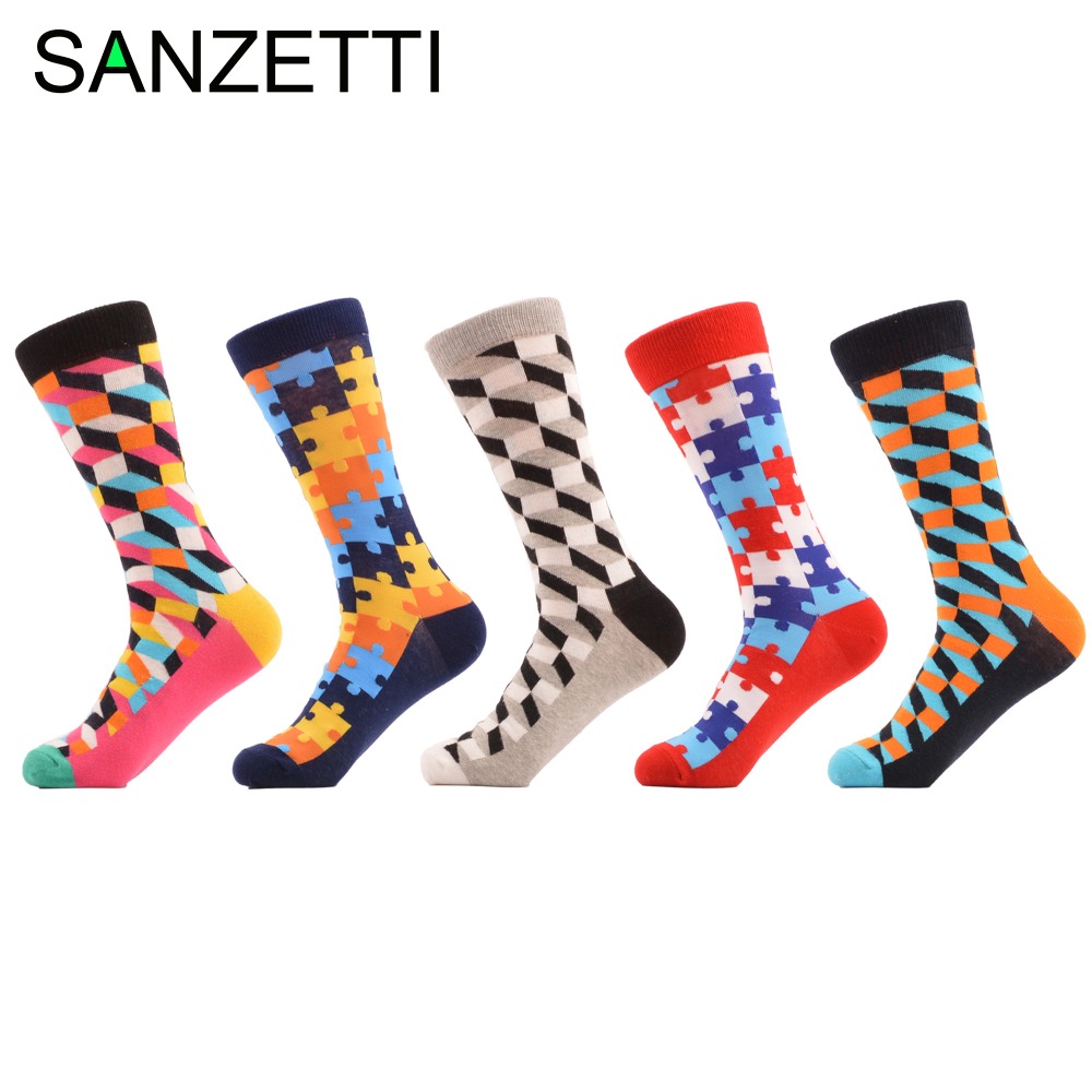 

Wholesale- SANZETTI 5 pair/lot Men's filled Optic Puzzle Funny Combed Cotton Socks Casual Colorful Crew Happy Socks Wedding Gift, 05181