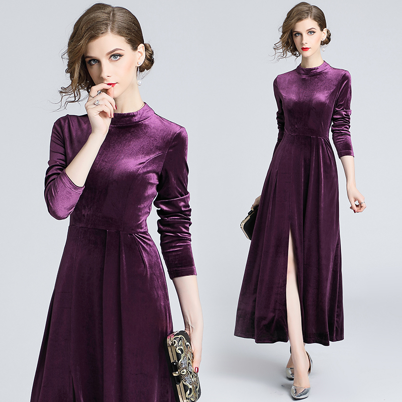 

Sexy Side Split Velvet Dress 2018 Vintage Evening Party Velour Dress High Waist A-Line Dresses Long Sleeve Winter Women, Purple