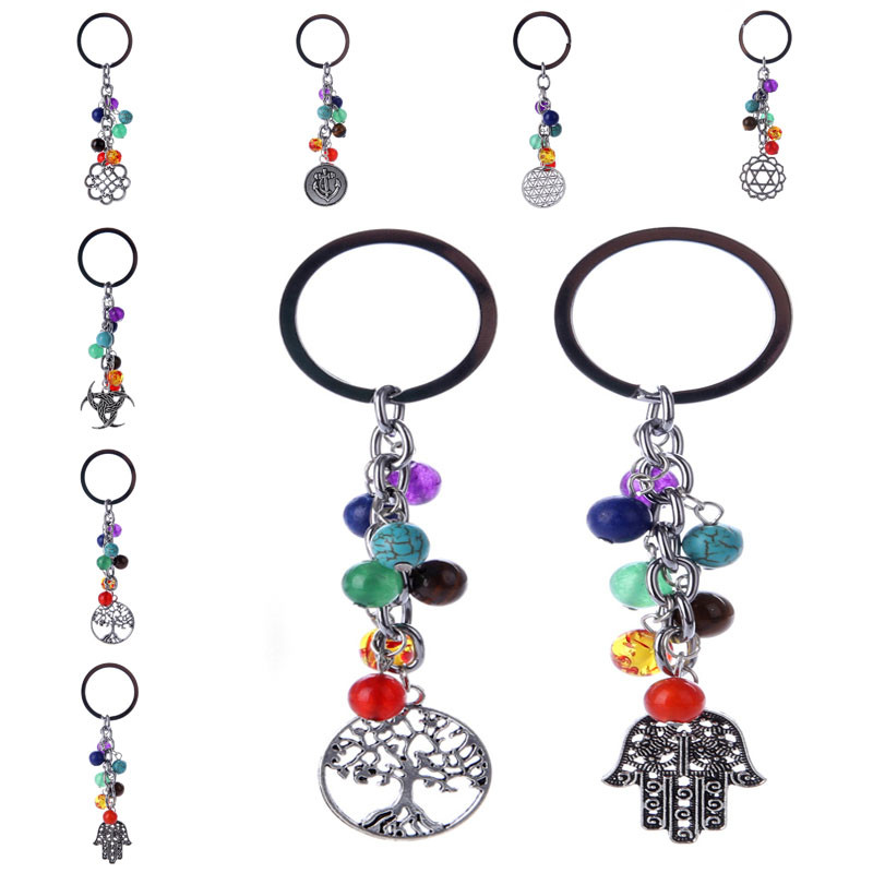 

Yoga Reiki 7 Chakra Natural Stone Key ring Ancient Silver Tree of Life Anchor Hand keychain Bag Hangs Jewelry