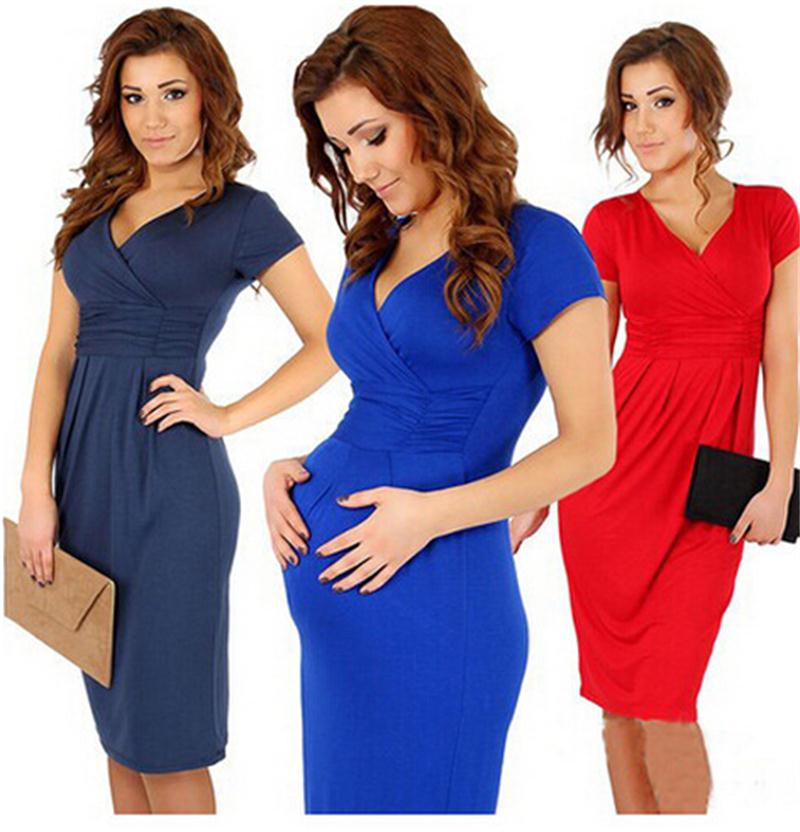 

Summer Pregant Women Sexy V-neck Dresses Short Sleeve High Elastic Maternity Dress 4 colors Bodycon Dress For Pregnant, Navy blue