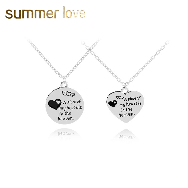

New Fashion A piece of my heart is in the haven words charm jewelry round heart necklace for woman silver heart pendant necklace lettering