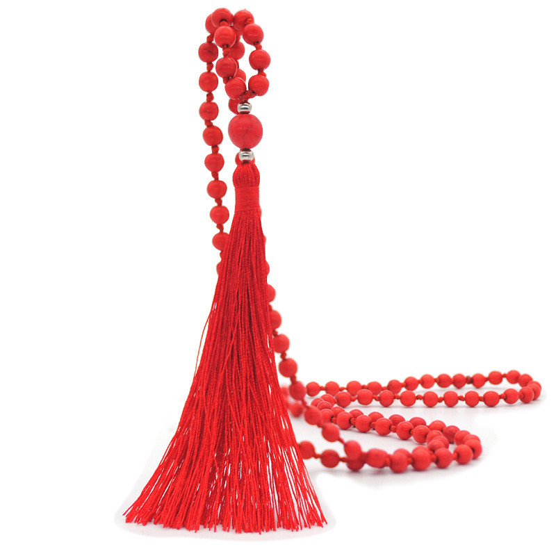 

New Bohemian Jewelry Fashion Long Necklace Turquoise Bead Chain Cotton Tassel Necklaces For Women Girls Gifts 4 Colors YF
