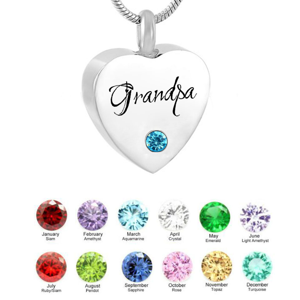 

Cremation Urn Jewelry heart Grandpa Birthstone Memorial Ash Keepsake Necklace