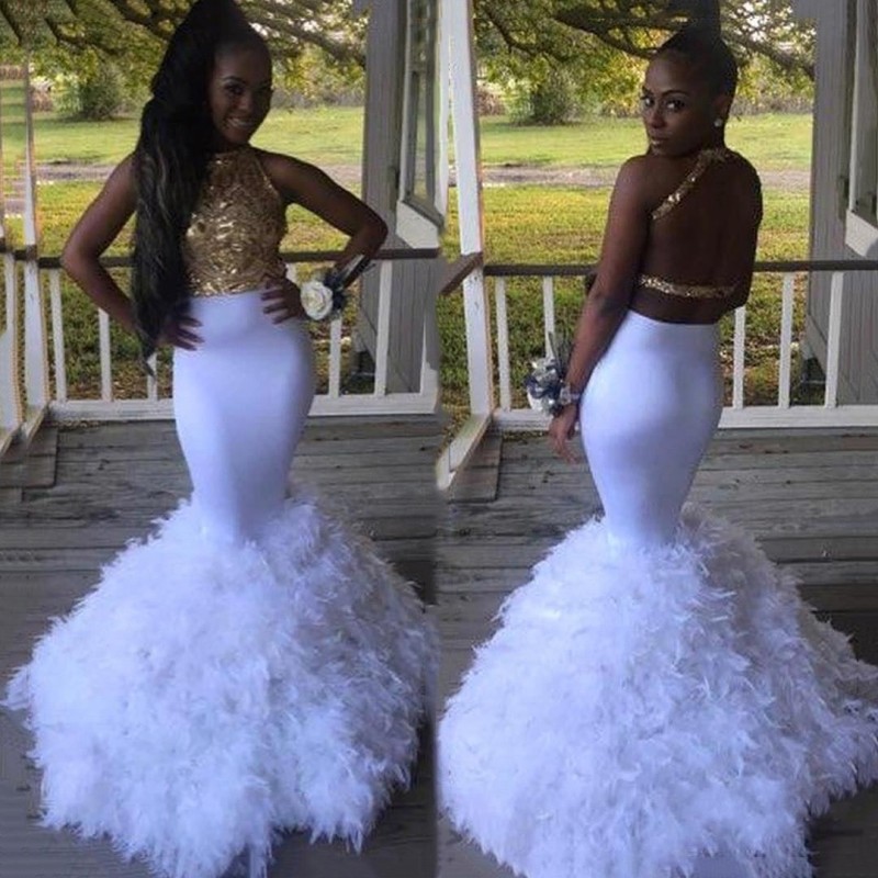 

Sexy Feather Beaded Mermaid Prom Dresses High Neck Sleeveless Open Back White Gold Prom Dresses 2K18 Party Dresses, Ivory