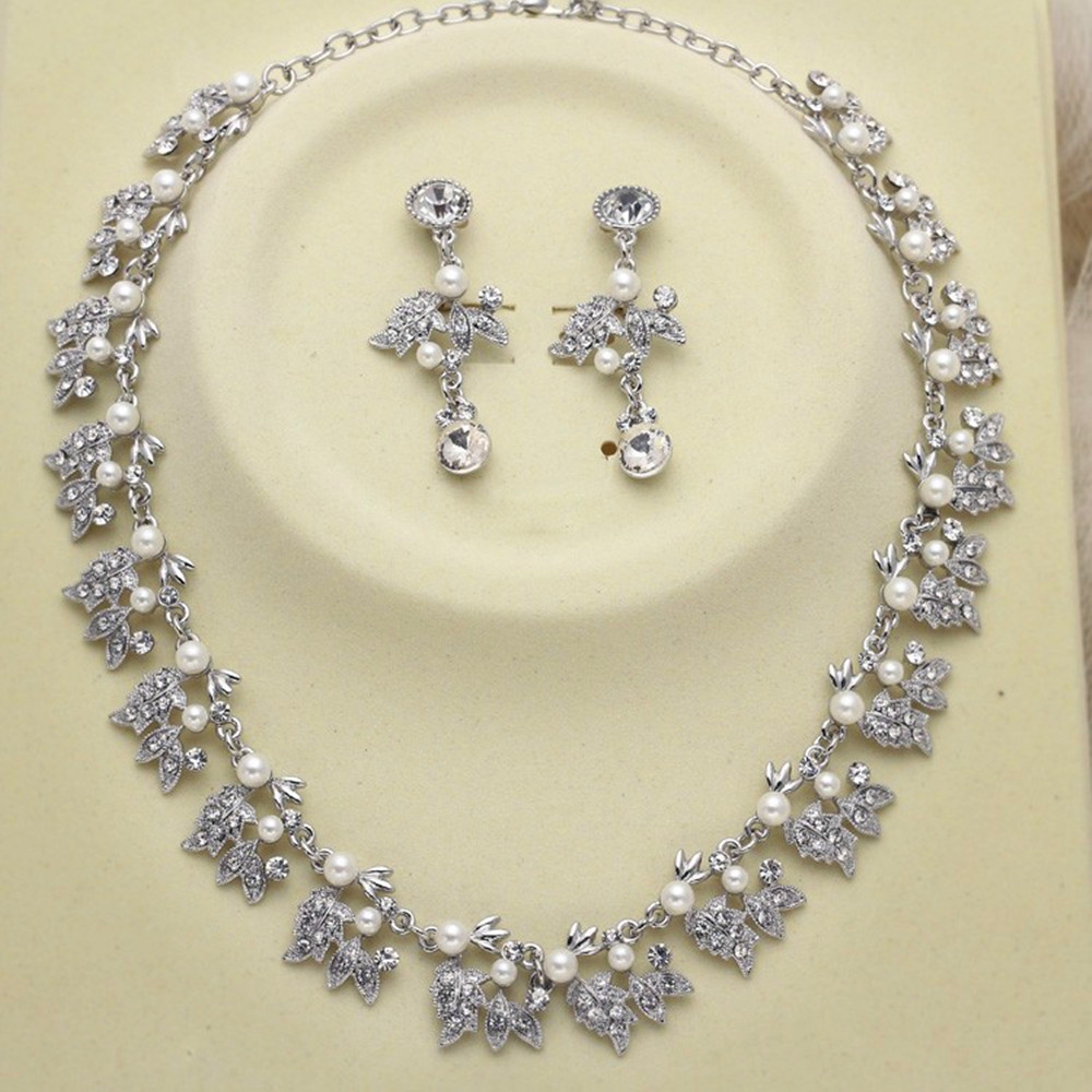 White Gold Plated Clear Rhinestone Crystal Diamante Ivory Pearl Leaf Flower Bridal Necklace and Earrings Jewelry Sets-image-412150470